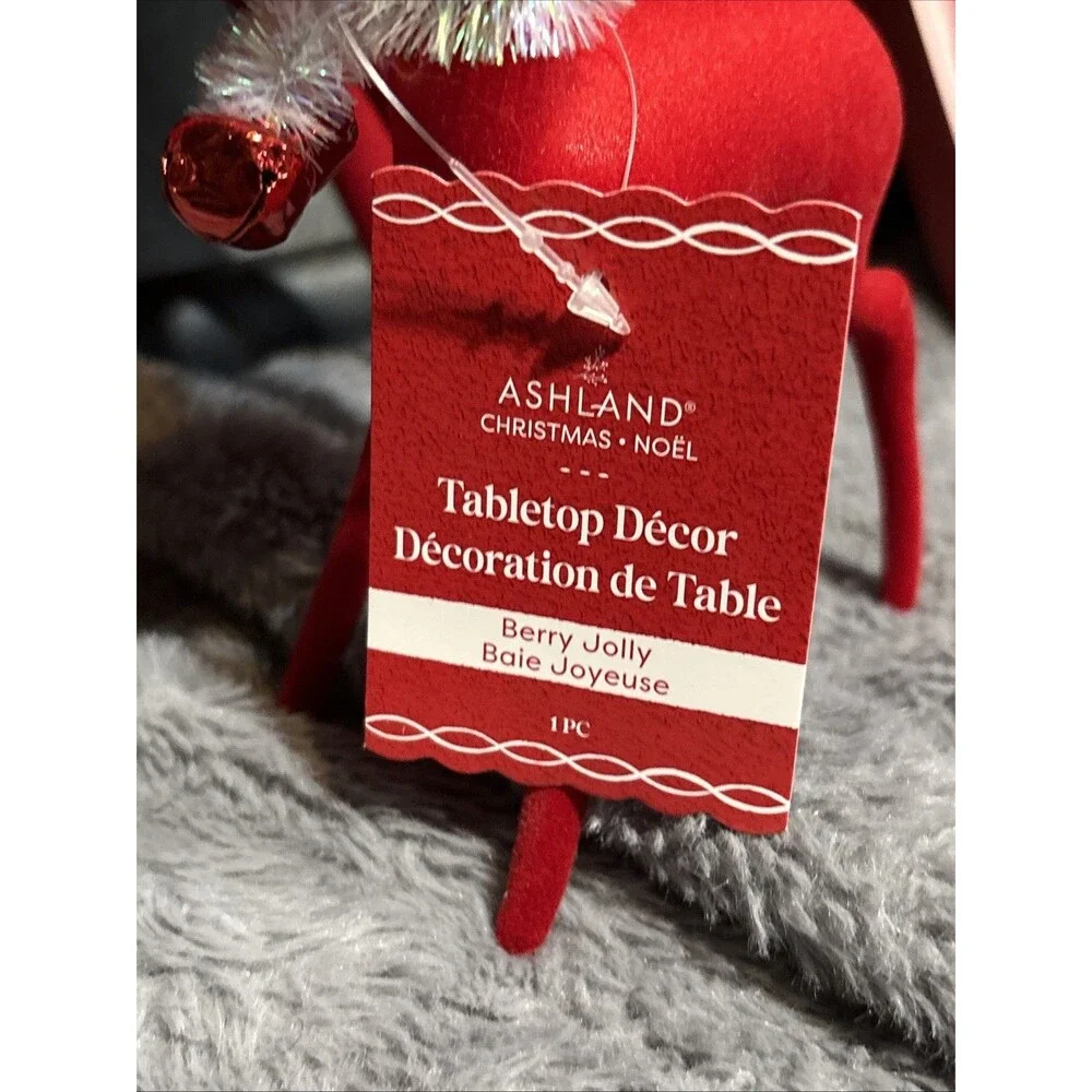 NWT Ashland Red Flocked Tabletop Deer Christmas Holiday Lot Of 2 11.5” And 6.5”